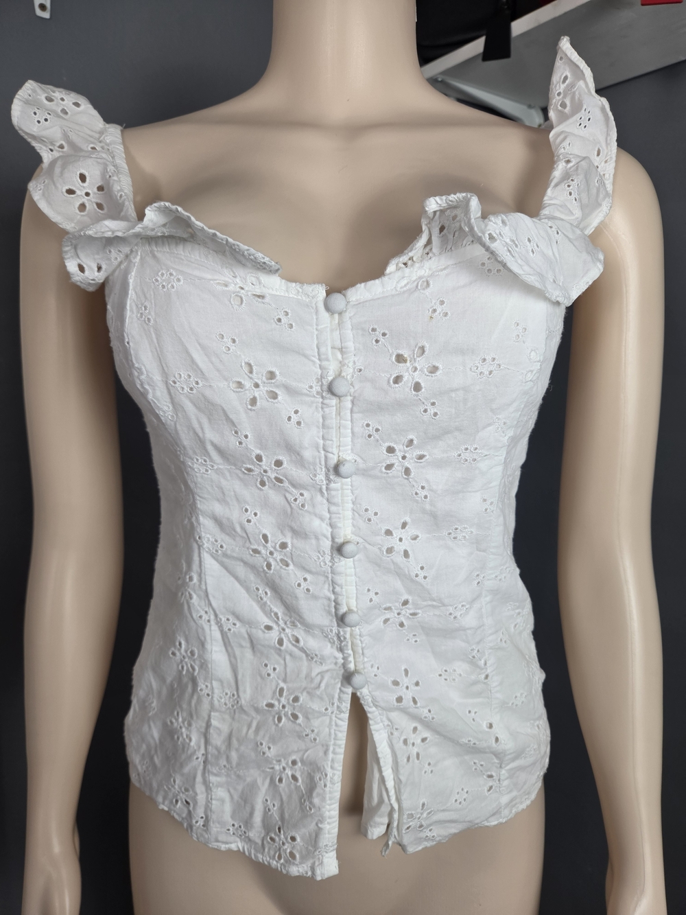 H&M White Eyelet Ruffle Strap Corset Camisole